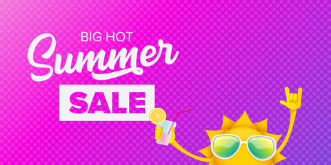 summer sale horizontal web banner or vector label with summer happy sun character wearing sunglasses and holding cocktail isolated on violet horizontal background