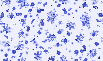 Seamless folk pattern in small wild flowers. Country style millefleurs. Floral meadow background for textile, wallpaper, pattern fills, covers, surface, print, gift wrap, scrapbooking, decoupage.