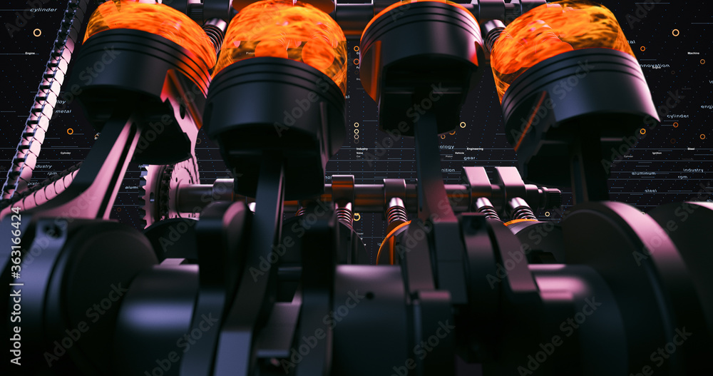 Fototapete 3d rendering of a fuel injected v8 engine with explosions. pistons and other mechanical parts are in