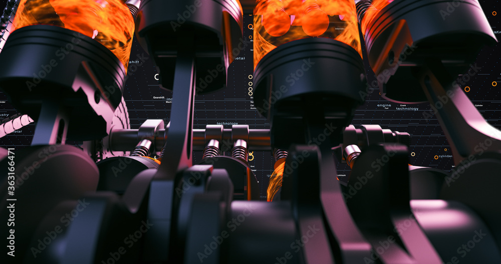 Fototapete 3d rendering of a fuel injected v8 engine with explosions. pistons and other mechanical parts are in