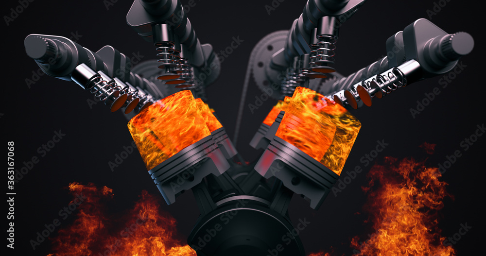 Poster Powerful V8 Engine In Motion. Ignition And Explosions. Technology And Industry Related 3D Rendering