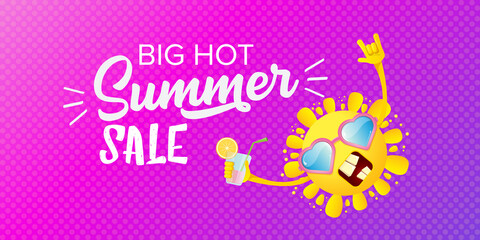 summer sale horizontal web banner or vector label with summer happy sun character wearing sunglasses and holding cocktail isolated on violet horizontal background