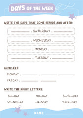 Complete/ Days of the week Exercises  / Days of the week English kindergarten  sheet 