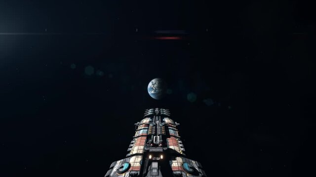Large Cargo Spaceship Flying Past the Camera and Heading Back to Planet Earth