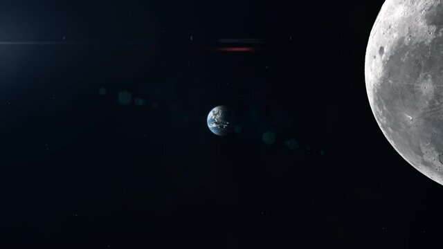 Large Cargo Spaceship Leaving Earth and Flying Past the Moon