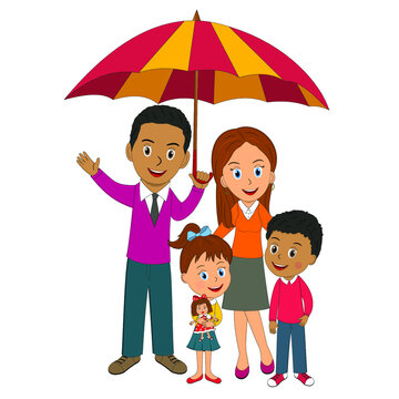  Family Under Umbrella On The White Background Illustration, Vector