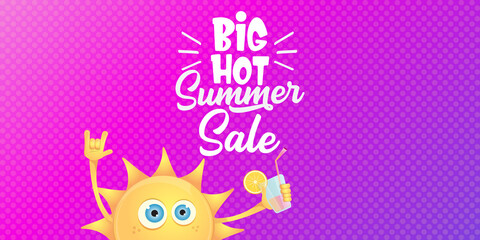 summer sale horizontal web banner or vector label with summer happy sun character wearing sunglasses and holding cocktail isolated on violet horizontal background
