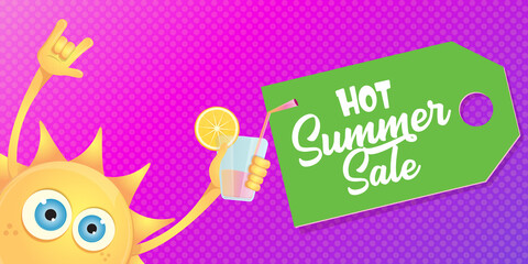 summer sale horizontal web banner or vector label with summer happy sun character wearing sunglasses and holding cocktail isolated on violet horizontal background