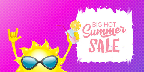 summer sale horizontal web banner or vector label with summer happy sun character wearing sunglasses and holding cocktail isolated on violet horizontal background