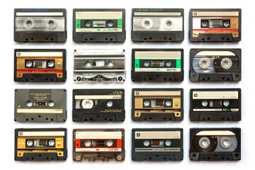 Collection of old audio cassette tapes isolated on white background, vintage music and technology...