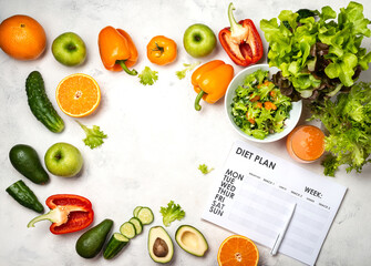 Weight loss menu. Diet plan, vegetables, salad, juice. Top view.