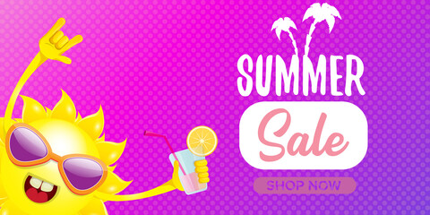 summer sale horizontal web banner or vector label with summer happy sun character wearing sunglasses and holding cocktail isolated on violet horizontal background