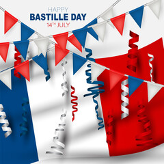 Bastille Day. July 14th France national holiday celebration banner or flyer decor. Blue, white, and red french flag and bunting. Vector illustration with lettering.