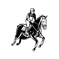 Fototapeta na wymiar Equestrian Riding Horse Show Jumping or Stadium Jumping Retro Black and White