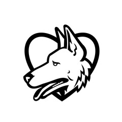 German Shepherd Dog Head Side View Inside Heart Black and White