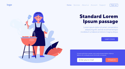 Happy woman grilling barbecue meat. Female chef in apron holding spatula, cooking in garden flat vector illustration. BBQ party, summer, food concept for banner, website design or landing web page