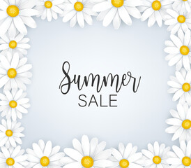 Fototapeta premium Summer sale banner. White daisy flowers tender femenine background. Promo design concept. Realistic vector illustration with lettering.