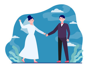 Happy wedding couple. Groom and bride holding hands and dancing on ceremony flat vector illustration. Wedding day, celebration, newlywed concept for banner, website design or landing web page