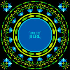 Greeting card with decorative flowers. Colorful Mexican traditional textile. Ethnic boho ornament. Vector illustration for web design or print.