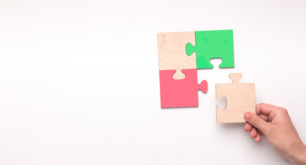 Woman Putting Wooden Puzzle Together Over White Background, Panorama, Collage