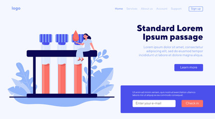 Woman giving blood for test. Donation, lab, glass tubes flat vector illustration. Medical tests, examination, charity concept for banner, website design or landing web page