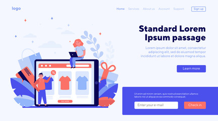 Happy people buying clothes online. T-shirt, percent, customer flat vector illustration. E-commerce and digital technology concept for banner, website design or landing web page