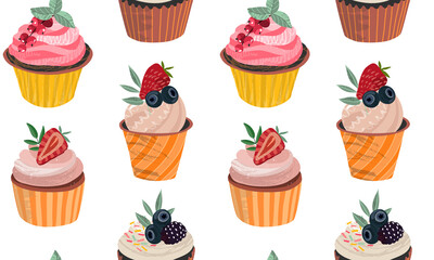 Vector seamless pattern with delicious cupcakes and sprinkles muffins with berries