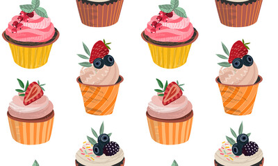 Vector seamless pattern with delicious cupcakes and sprinkles muffins with berries
