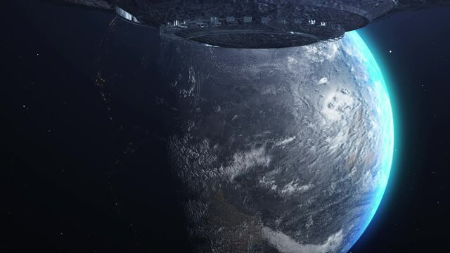 UFO Alien Metalic Saucer Cinematic invasion over earth, 
Metallic Rotating flying saucer space ship Heading toward Planet earth, Invasion Concept- 3D rendering
