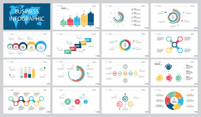 Colorful economics or production concept infographic charts set. Business design elements for presentation slide templates. For corporate report, advertising, leaflet layout and poster design.