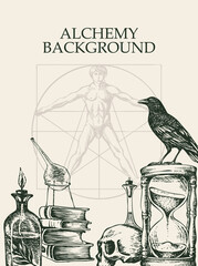 Alchemy background. Vintage artistic illustration on alchemical theme with black hand-drawn sketches, inscription and place for text on the old paper background