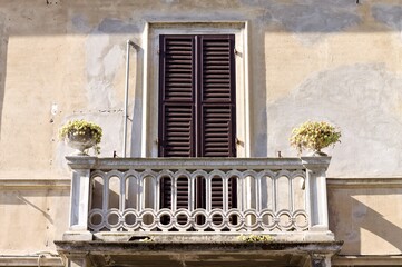 Fototapeta na wymiar Old white decorated balcony with two plants and flowers of a ruined ancient house (Pesaro, Italy, Europe)