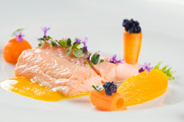 Boiled salmon. Delicious fish meal with herbs and served with carrot puree. Studio shot.