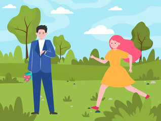 Running girl late for date. Guy waiting for girlfriend outdoors, checking watch flat vector illustration. Time management, relationship concept for banner, website design or landing web page