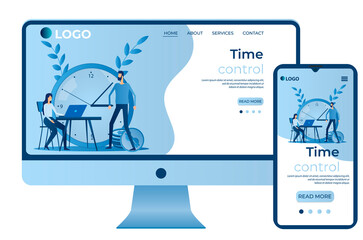 Time control.Time-management.Planning and solving tasks.People at the Desk .Site template, landing page concept.The adaptive design.The screen of the smartphone and the computer.Vector illustration.