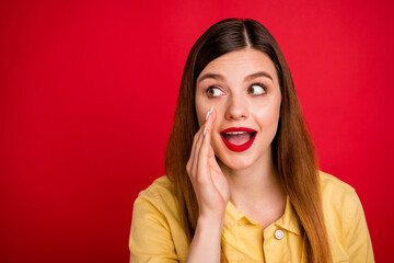 Closeup photo of attractive lady hold hand near mouth say secret best friend chatterbox person sly...