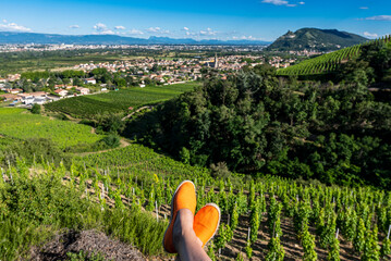 Woman's feet with orange espadrilles in green Cornas vineyard overlooking the plain with mountains on the background. France 2020.