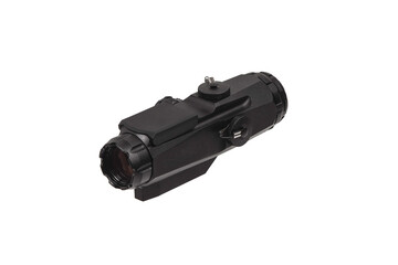 modern black optical scope for weapon isolated on whited. sight scope isolated on white back.