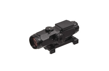 modern black optical scope for weapon isolated on whited. sight scope isolated on white back.