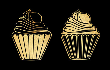 Gold set of cupcakes for bakery logo. Golden icon, sweet logo isolated on black background