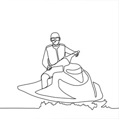 beach lifeguard on a boat. One continuous line art male in a life jacket. Vector illustration can be used for animation.