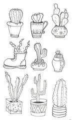 set of cacti in pots for coloring book