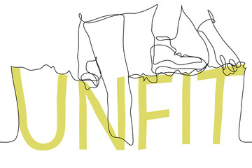 man climbs the wall from the word "UNFIT". One continuous line art concept of being unsuitable, inappropriate, unhealthy. Can be used for animation.
