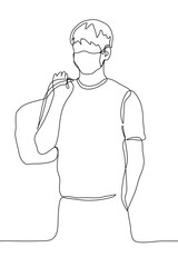 man in mask is standing with a bag over his shoulder. One continuous line art. The concept of a trip or workout. Vector illustration man holds a suitcase can be used for animation.