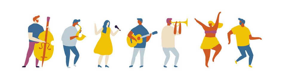 Street musicians flat vector. Dancing happy people.