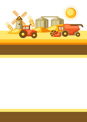 Obraz na płótnie Canvas Harvesting background. Combine harvester, tractor and granary on wheat field.