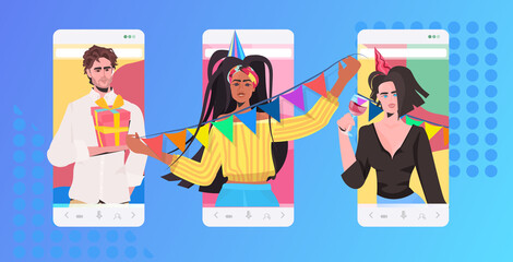 people celebrating online party mix race friends having virtual fun celebration concept smartphone screen mobile app horizontal portrait vector illustration