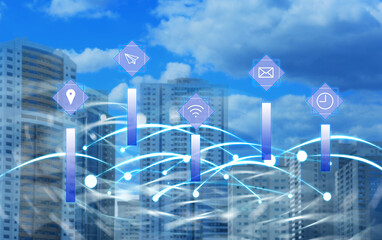 Futuristic technology concept. Icons with network on city background