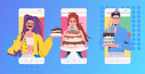 people celebrating online party mix race friends having virtual fun celebration concept smartphone screen mobile app horizontal portrait vector illustration