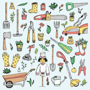 A set of hand-drawn doodles about a country house, garden equipment, and growing vegetables.